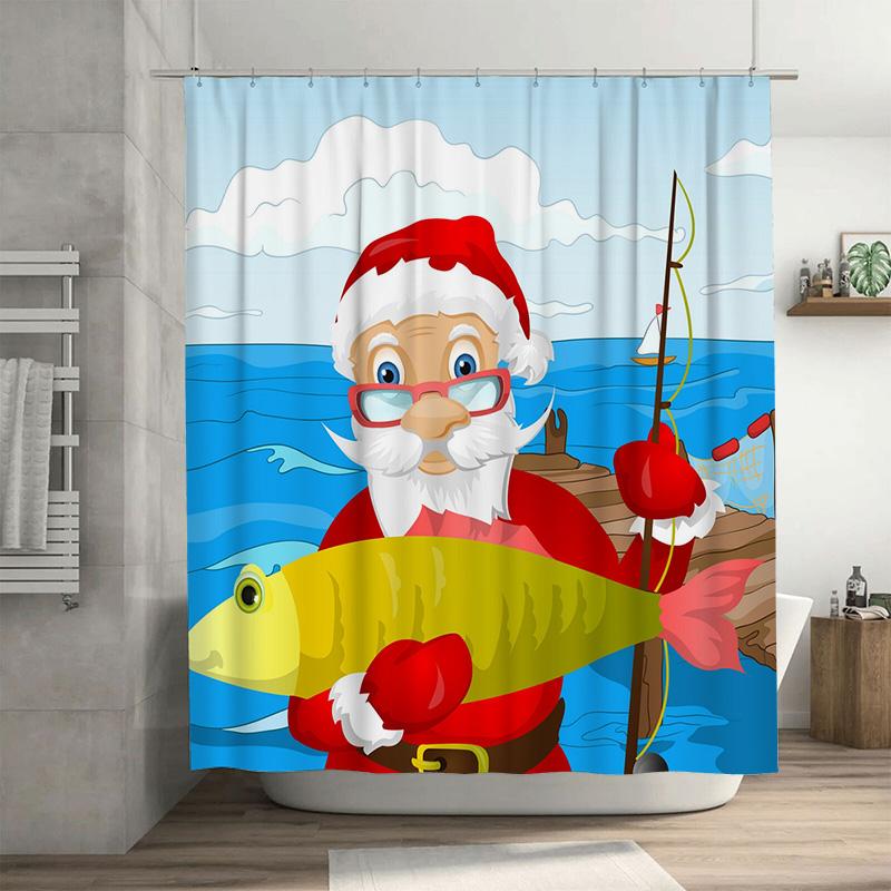 

Tu Santa Claus Fishing Shower Curtain Festive Holiday Bathroom Decor Waterproof Christmas Themed Backdrop For Tub W60H190(CM)-1 Pcs