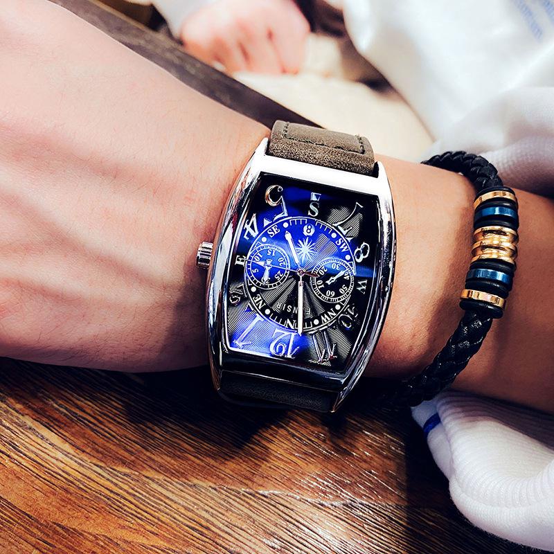 

FENSIR2023 Креативные кварцевые часы бочкообразной формы с большим циферблатом, синей подсветкой и кожаным ремешком