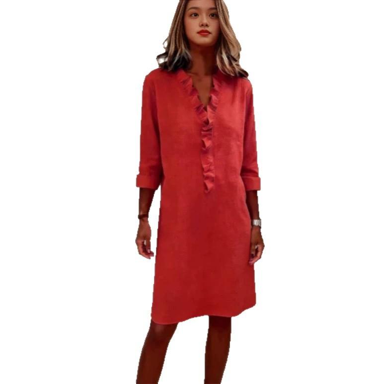 Rochie cămașă de damă din bumbac și in, cu mânecă lungă, la modă și elegantă, cu margini din lemn la urechi, noua colecție de primăvară