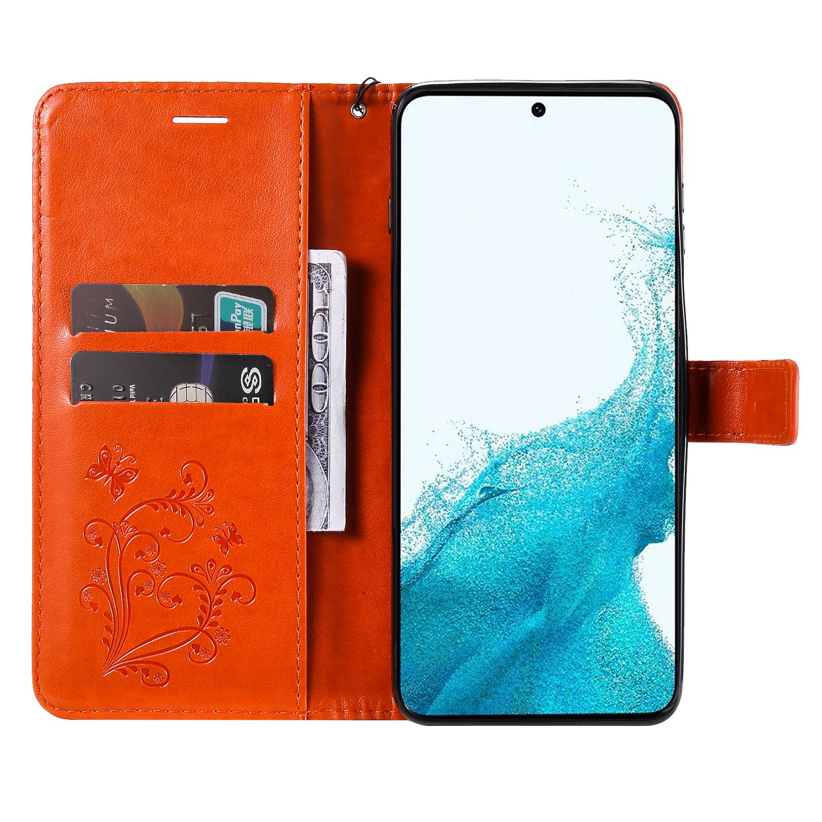 

For Samsung Galaxy S23 FE Wallet Case Floral Butterfly Imprinted Leather Phone Cover Stand Orange