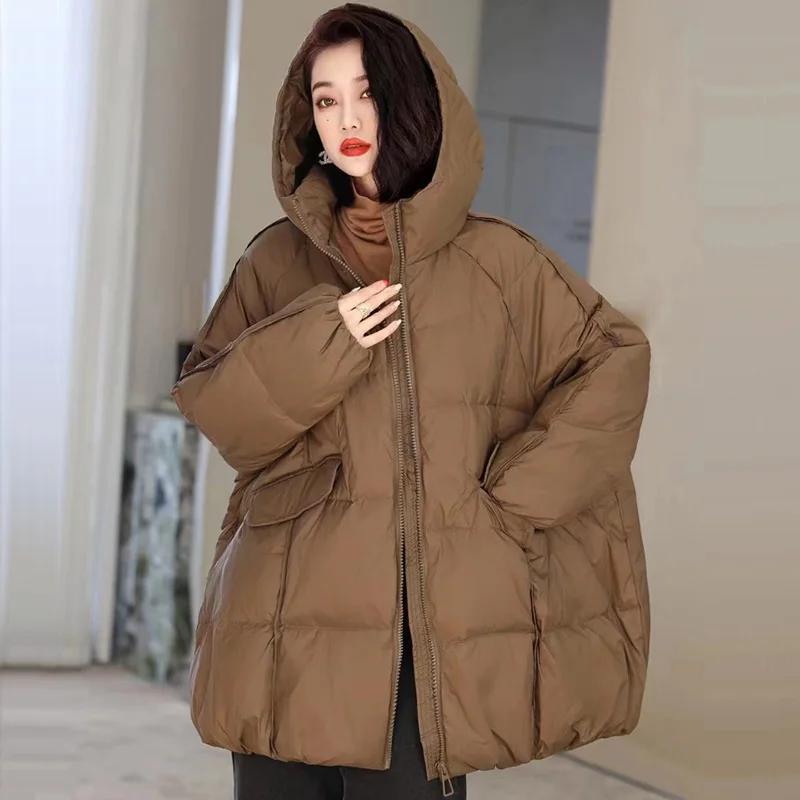 Mulheres Branco Duck Down Jacket Casual Solto Over Size Quente Parka Feminino Cordão Capuz Puffer Casaco