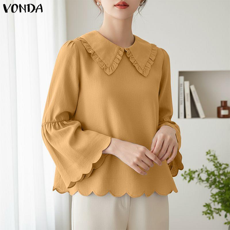 VONDA Women Casual Turn Down Collar Flare Sleeve Casual Loose Blouse