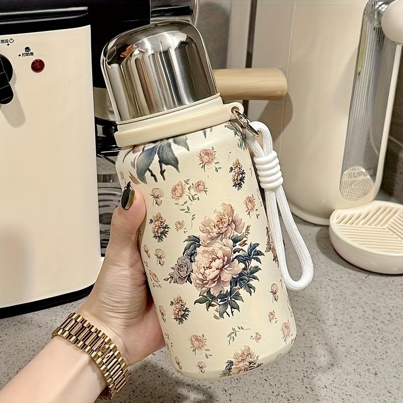 1 unidad Botella de agua de acero inoxidable con aislamiento floral lindo con tapa - A prueba de fugas, Vaso portátil para viajes al aire libre, Camping, Senderismo - Botella de agua para viajes