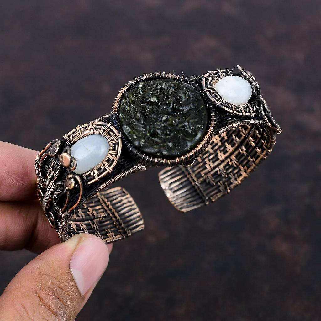 Moldavite Bangle Copper Wire Wrapped Adjustable Cuff Bracelet Handmade Moonstone Bangle Copper Jewelry Gemstone Cuff Bracelet Gift For Women