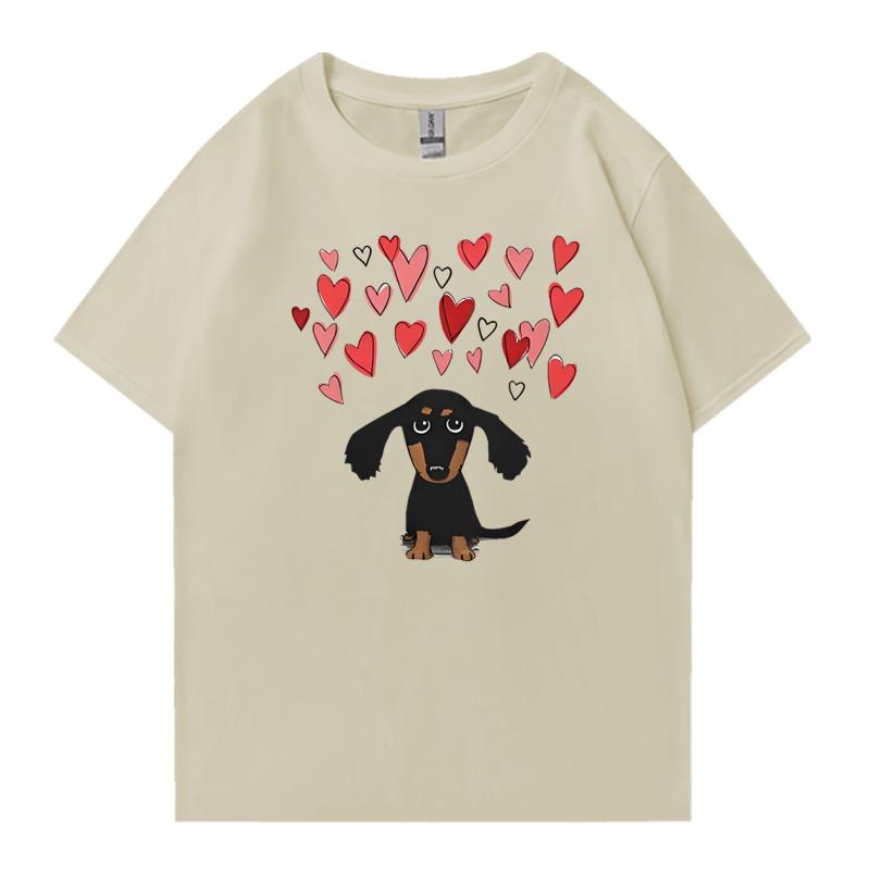 

New Cute Dachshund Puppy Dog with Valentine Hearts Graphics Short Sleeve Tshirts Unisex Dog Lovers T Shirt Unisex Women Cotton Top 4XL