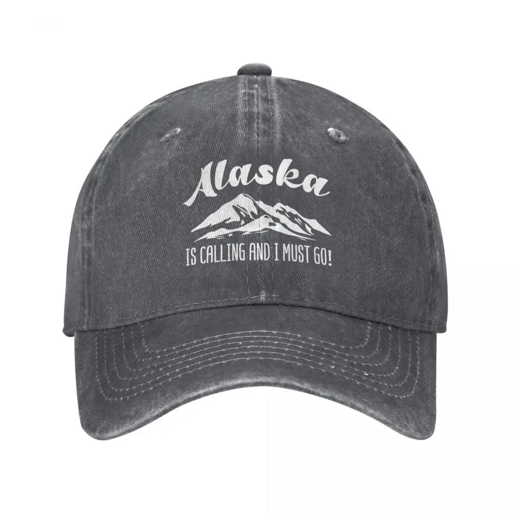 Casquette de baseball décontractée « Alaska Is Calling Mountains » pour hommes et femmes, effet vieilli, délavé, snapback, citation amusante sur les voyages, entraînements en plein air