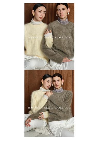 Classic Round Neck Cashmere Sweater - Autumn/Winter, Short, Brushed Wool, Flocked, Simple Design.