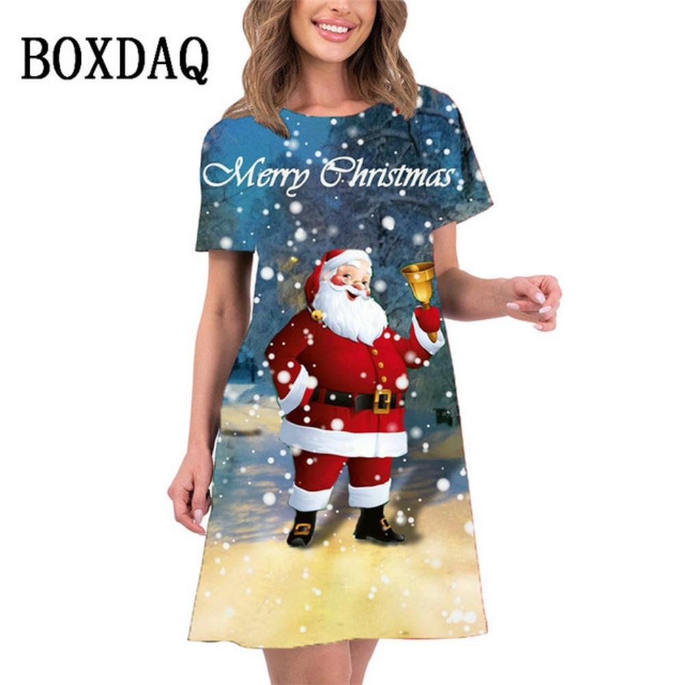 2026 new summer women's elegant christmas tree print mini dress short-sleeved loose casual beach sweet dress