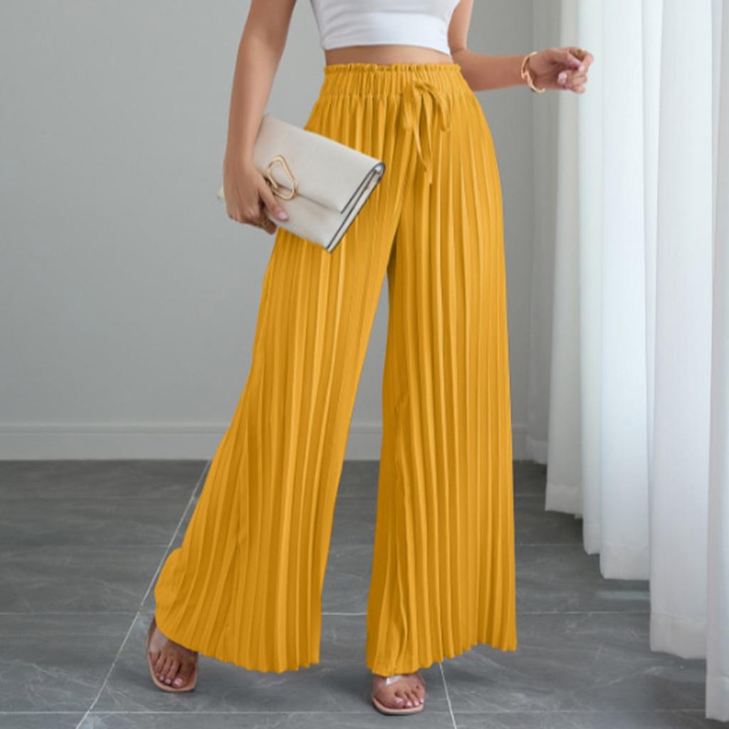 Women's Solid Color Pleated Elastic Waist Tie Loose Wide-leg Pants