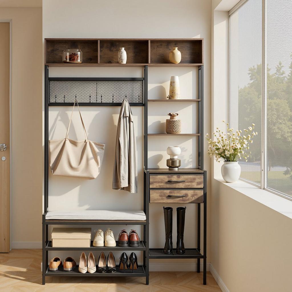 Hall Tree, 1800 mm Coat Rack with Shoe Bench & 2 Drawers, 3-in-1 Freestanding Shoe Rack Storage Organizer with Bookshelf & Wire Shelf, Steel Frame
