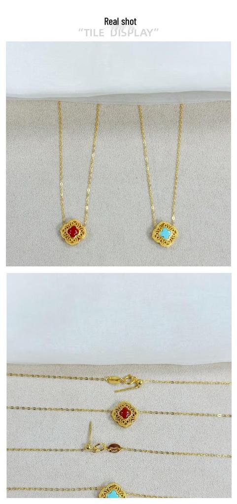 S925 Sterling Silver Turquoise Four-Leaf Clover Necklace with Chinese Window Lattice Clavicle Chain - Fashionable and Versatile X142