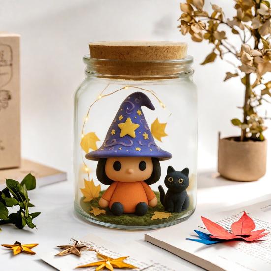 Adopt A Witch Hat Jar Halloween Witch Hat Doll with Black Cat in Jar Cute Light-up Decorative Jar for DIY Craft Gifts Party Favors