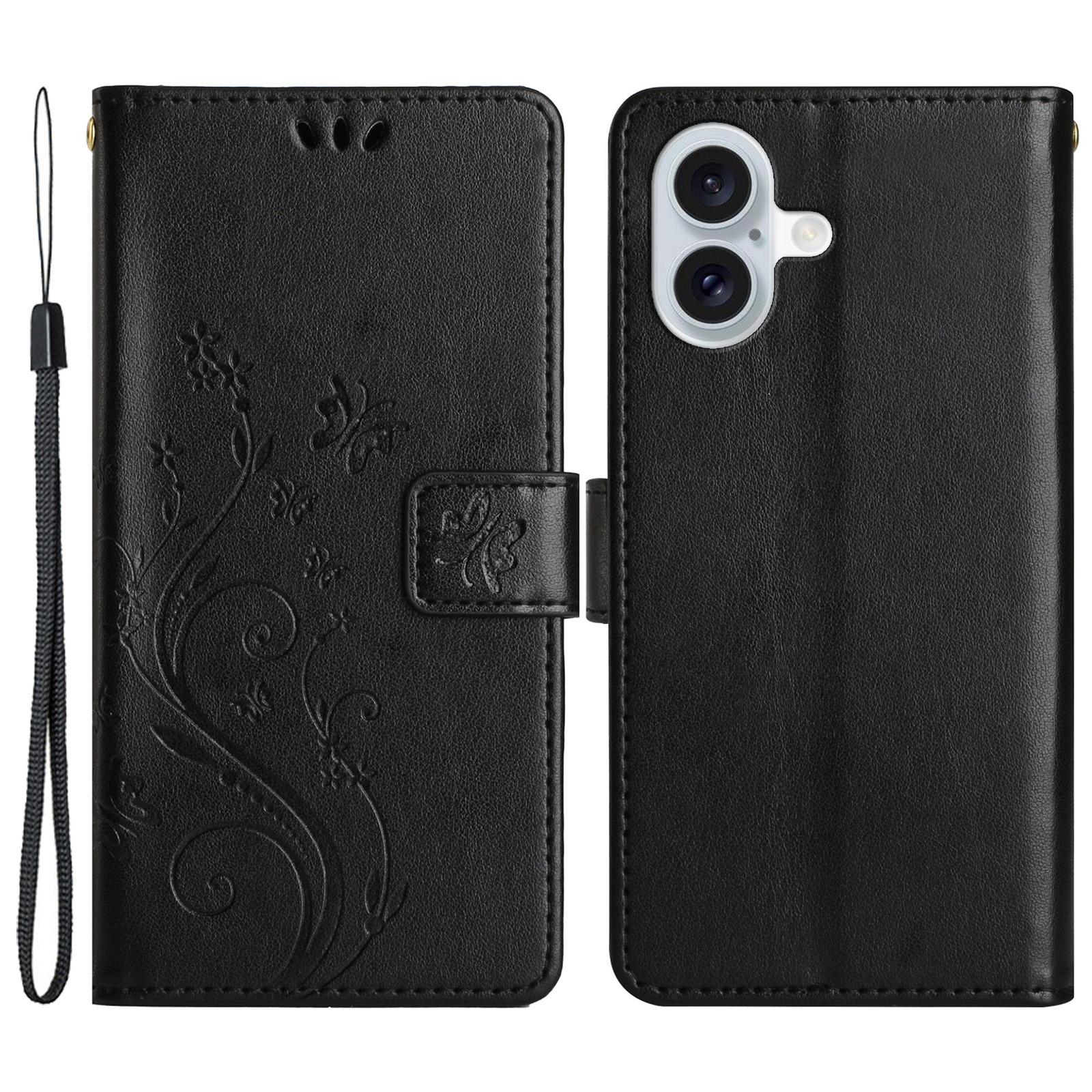 For iPhone 16 Plus Case Wallet PU Leather Butterfly Floral Phone Cover with Strap K