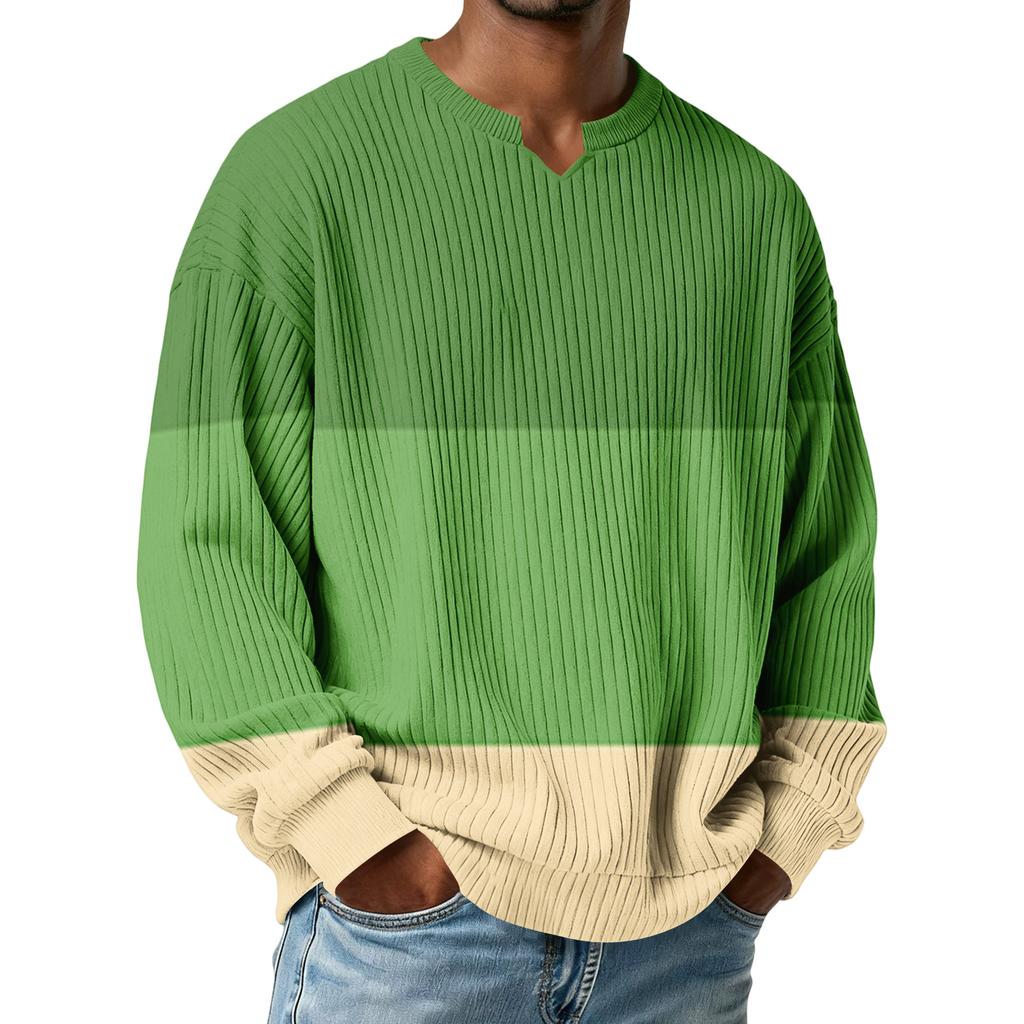 Herrars Färgblockerad Stilfull V-ringad Ribbad Texturerad Långärmad T-shirt