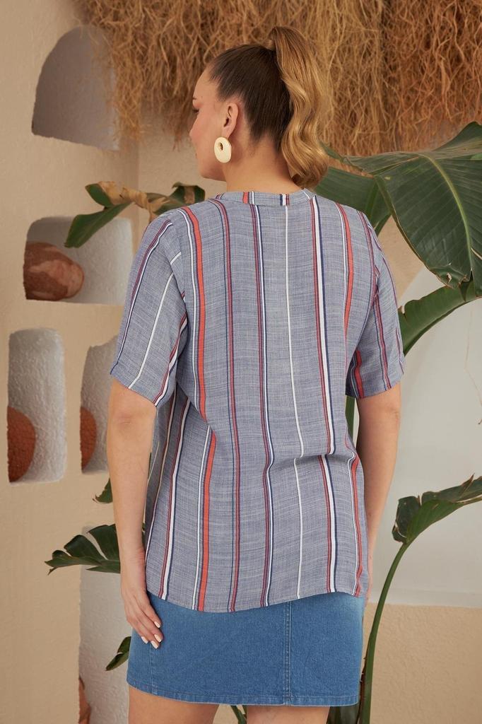 Damen Übergröße Bluse Plus Size Gestreifte Bluse mit Kragen Knopfdetail