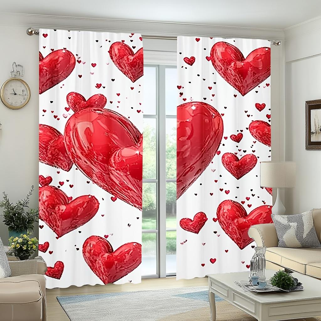 2pc Valentine's Day Red Heart Printed Curtains   Polyester Fabric   Machine Washable   Suitable for Living Room Bedroom Decoration