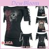 Stylish Women's Fashion Skull Printed Cool Black T-shirt Plus Size Slash Slit Tops