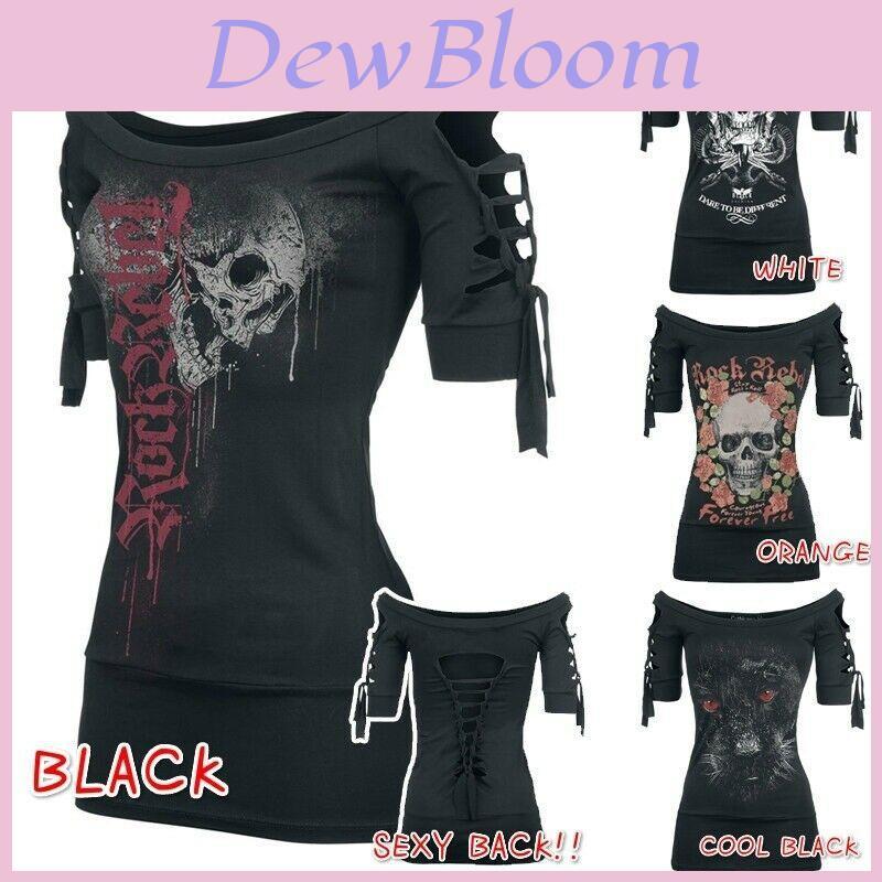 Stylish Women's Fashion Skull Printed Cool Black T-shirt Plus Size Slash Slit Tops