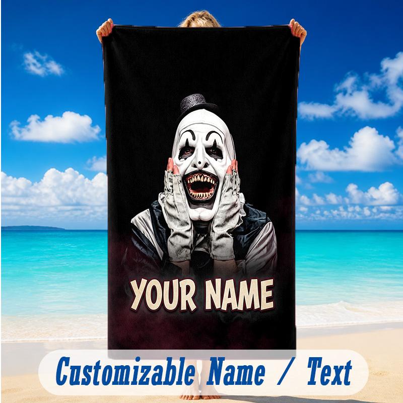 Beach Towel Custom Name Text, Quick Dry Large Towel For Beach HomeTerrifier Art the Clown