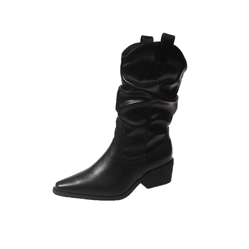 Short Boots Women's Maillard Medium Boots Coarse Heel Western Cowboy Boots Pointed Pile Boots Large Size Women's Boots