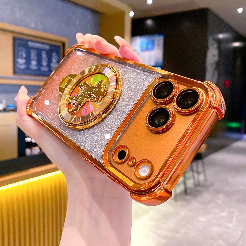 

Compatible with Apple iPhone 17, 16, and 15: Electroplated Glitter Drop-Proof Protective Case with Money-Spinning Top Bracket. iPhone 16 помаранчевий