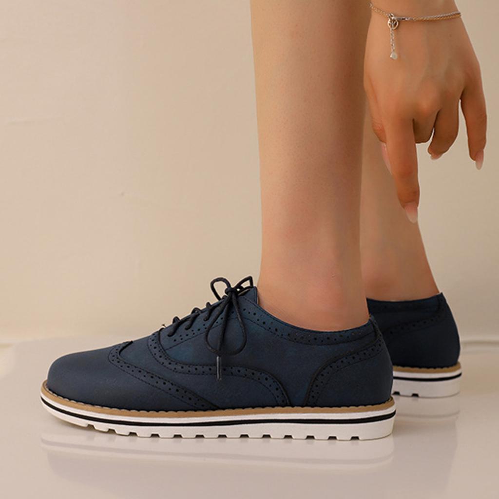 Oxford Flats Shoes Women Leather Comfort Lace Up Lady Brogue Derby Designer Vintage Casual Platform Shoes Women Sneakers