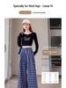 Zhao Lusi Style Women's Blue Plaid Wide-Leg Pants - 145 Petite, Early Autumn, Elegant Casual Straight-Leg