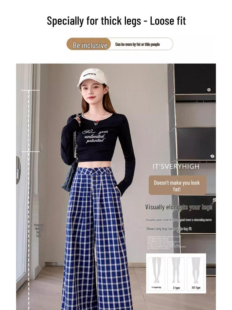 Zhao Lusi Style Women's Blue Plaid Wide-Leg Pants - 145 Petite, Early Autumn, Elegant Casual Straight-Leg