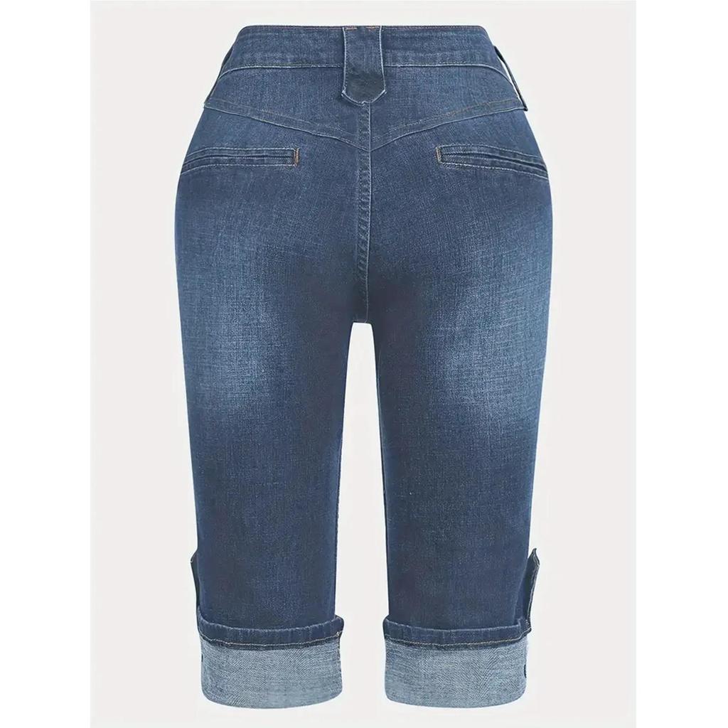 Plus Size Elastic Slim Fit Denim Bermuda Shorts for Women