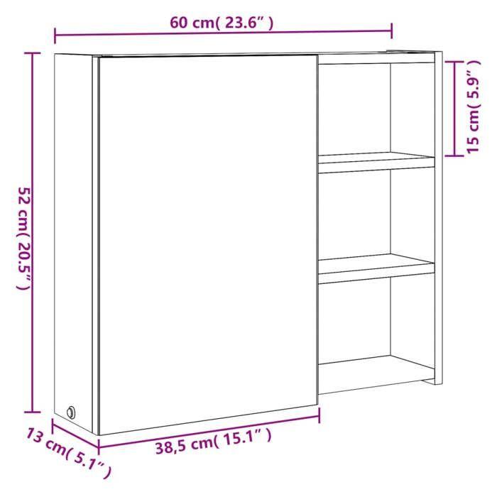 VidaXL Armoire de salle de bain à miroir avec LED chêne 60x13x52 cm, armoire de toilette avec miroir, armoire murale avec 357972