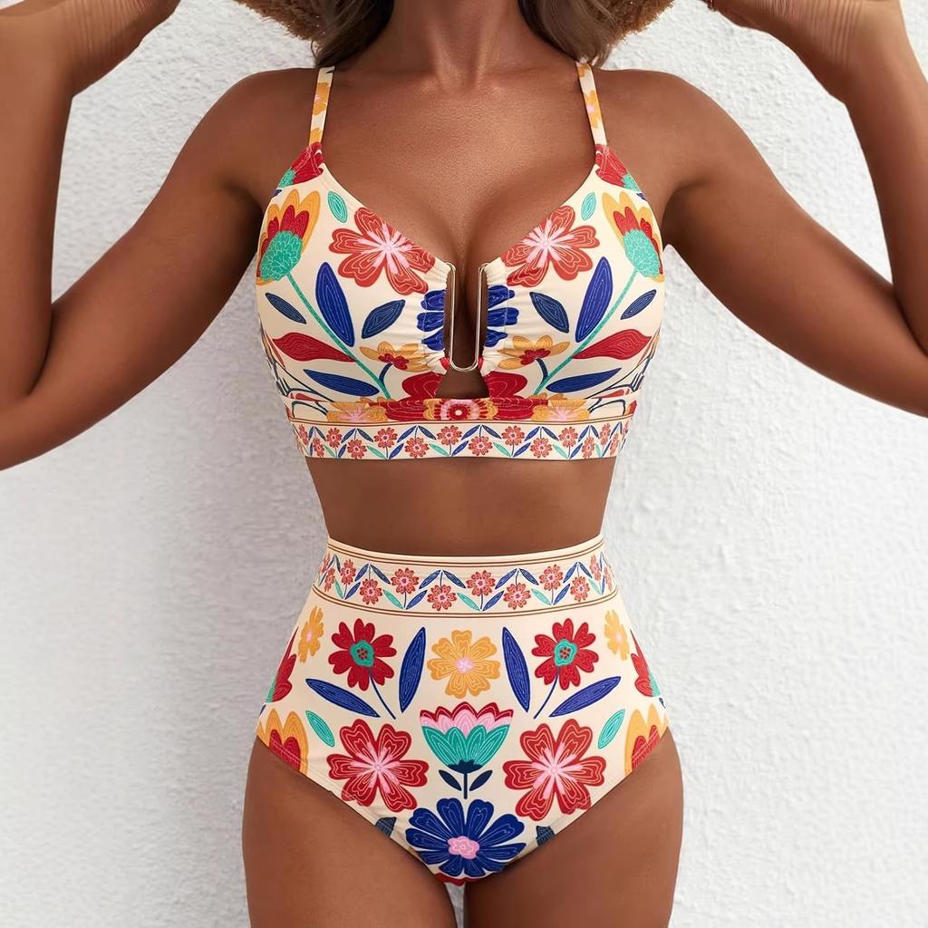 Women's High Waist U-Line Bikini Set Floral Print Swimsuit Cross Back Swimming