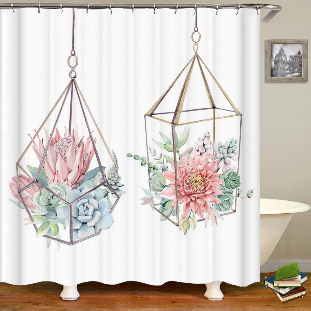 3D Tropical Green Plant Leaf Palm Cactus Bathroom Shower Curtain Home Decor Curtain Waterproof Fabric Shower Curtains With Hook