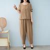 Women's Cotton Linen 2-Piece Outfit Casual Short Sleeve Crew Neck Top And Long Pants