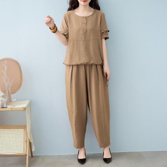 Women's Cotton Linen 2-Piece Outfit Casual Short Sleeve Crew Neck Top And Long Pants