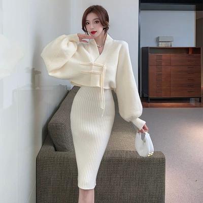 Retro Örgü İki Parçalı Takım Kadınlar Sonbahar/Kış Tembel Stil Askılı Yumuşak Kazak Hırka Mont