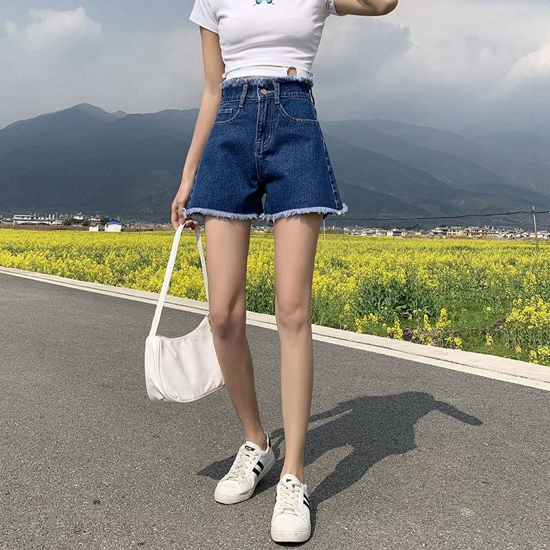 

Летние свободные джинсовые шорты женские с высокой талией трапециевидной формы с необработанными краями из тонкой сетки красные широкие брюки Tide Ins XL ультрамарин синий