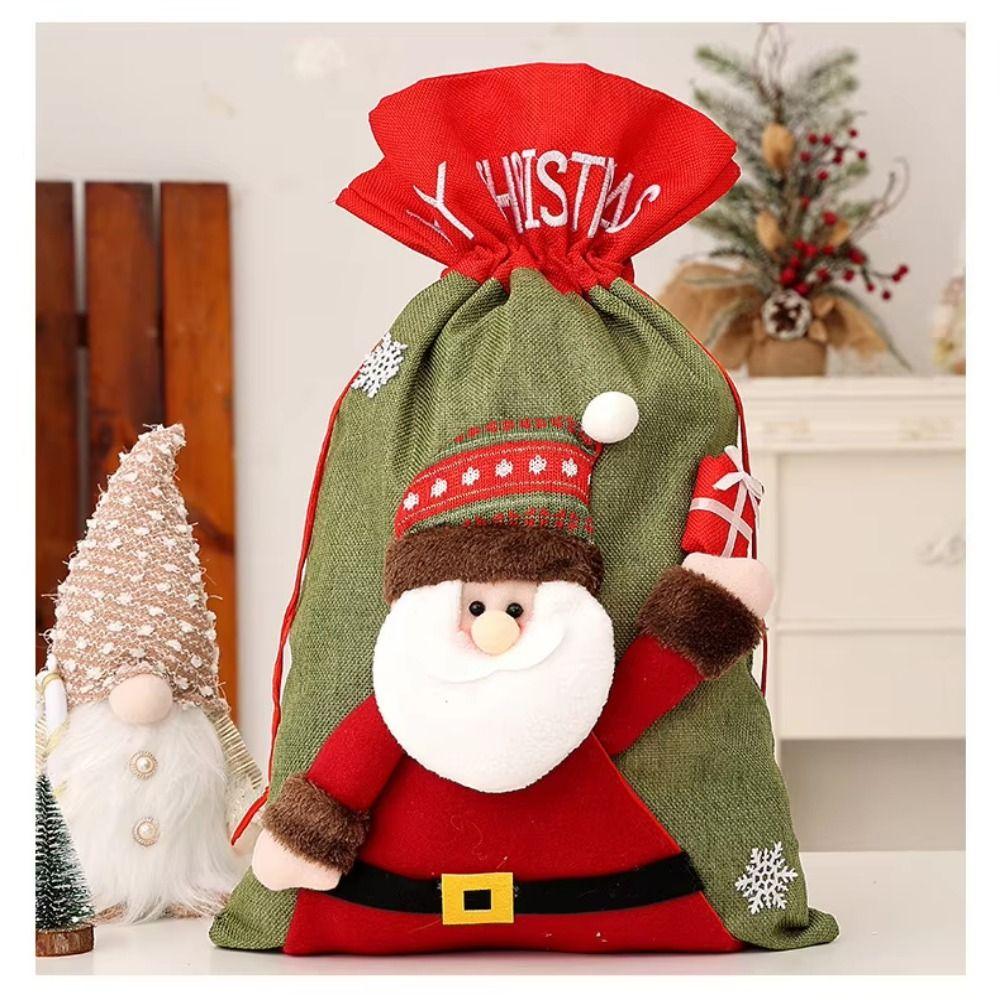 Linen Christmas Gift Bags 3D Drawstring Candy Bags Unique Cute Pattern Gift Bag Home Decor
