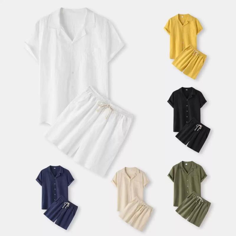 Summer Mens Solid Color Sets Fashion Lapel Short Sleeve Shirt Shorts Set Man Casual Daily Wear Street Breathable Lightweight Two Piece Outfit