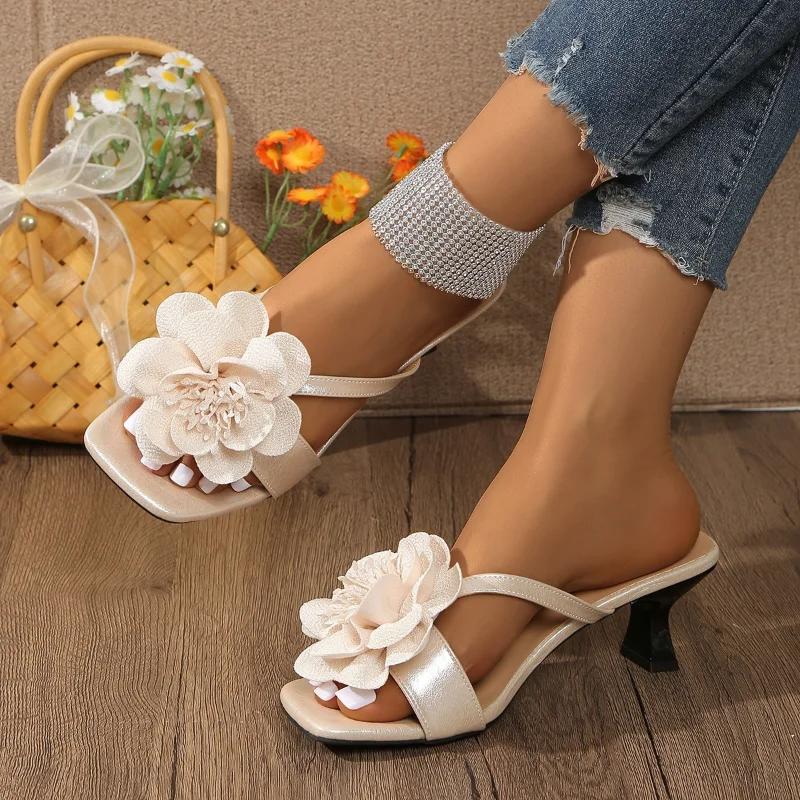 New Square Toe Sandals Flower Women's Heeled Fashion Slippers High Heels 2025 Summer Brand Shoes Designer Chunky Slides Pumps