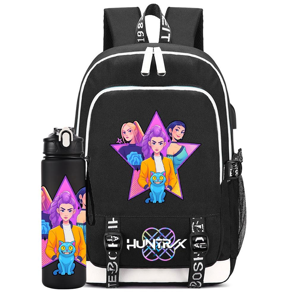 2Pcs/set Anime K-Pop Demon Hunters Printed Backpack Large Capacity Bookbag with 750Ml Water Bottler Laptop Student Boy Girl Large Capacity Bookbag