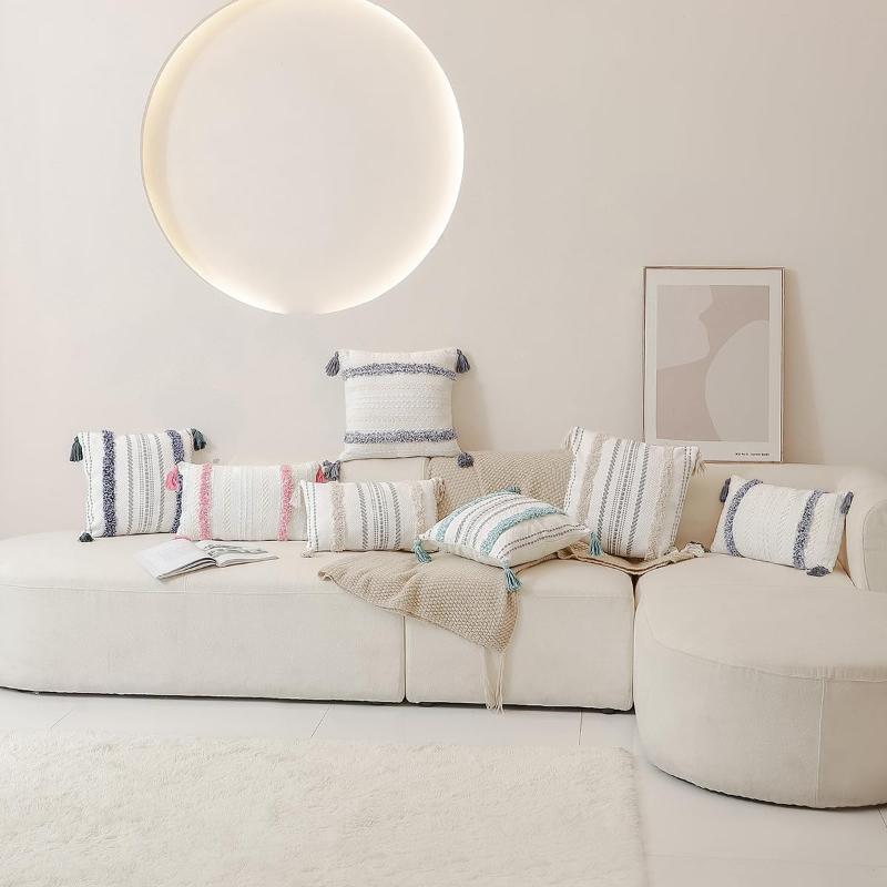 Cotton Yarn Jacquard Tufted Tassel Throw Pillow Cover Office Waist Cushion Home Sofa Bedside Cushion