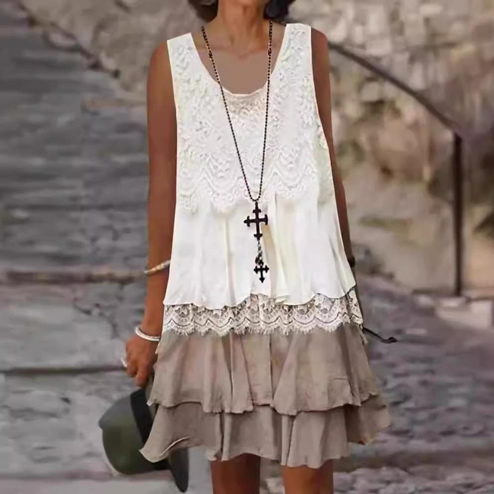Elegant Lace Panel Sleeveless Maxi Dress For Spring Office Wear