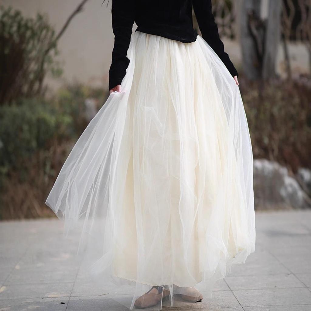Jacquard Heavy Duty Mesh Midi Skirt: High Waist Large Swing Tulle Skirt