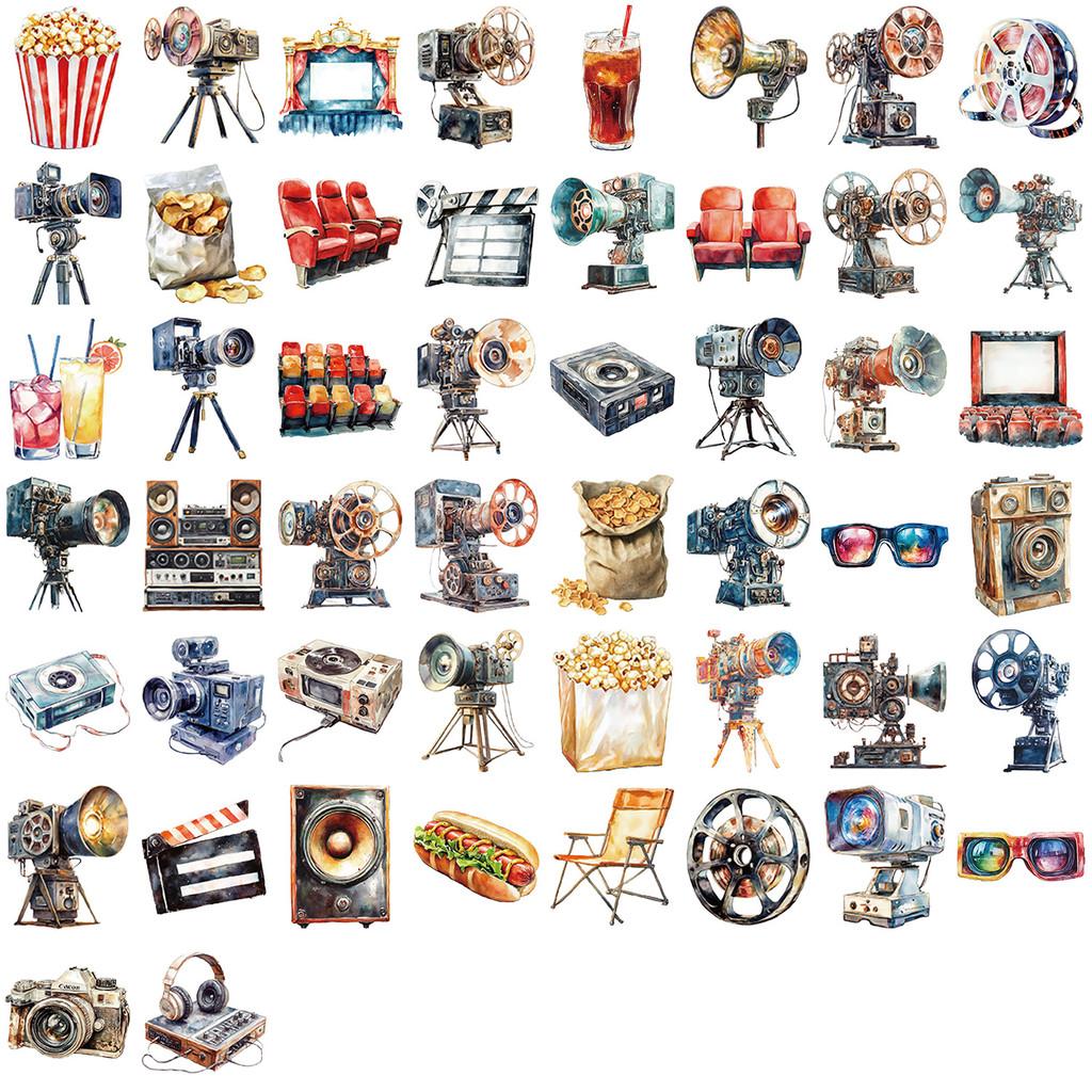 

50 Pieces Cartoon Movie Projector Retro Stickers - Waterproof PET Wholesale Decals for DIY Phone, Water Cup & Skateboard Decor