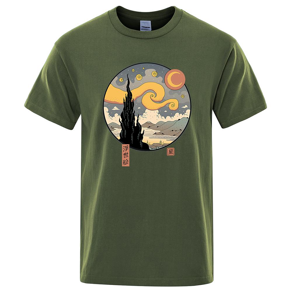 Starry Ukiyo-E Night Funny Printing T Shirts Mens Harajuku Casual Tshirts Cotton Summer Short Sleeve High Quality Street Tops