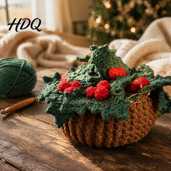 Festive Christmas Home Decor Crochet Cup Coasters with Mini Basket Handmade Holly Plants Soft Yarn for Hand Knitting Berries Mat Set Drinks Tabletop