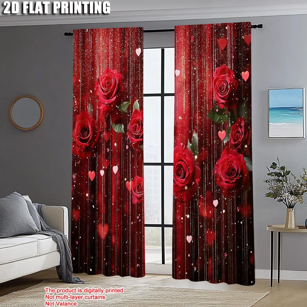2pcs   Minimalist Curtains 2D plane printing Red Rose & Heart Durable Polyester (without rod) Decorations Inside Use for Bedroom