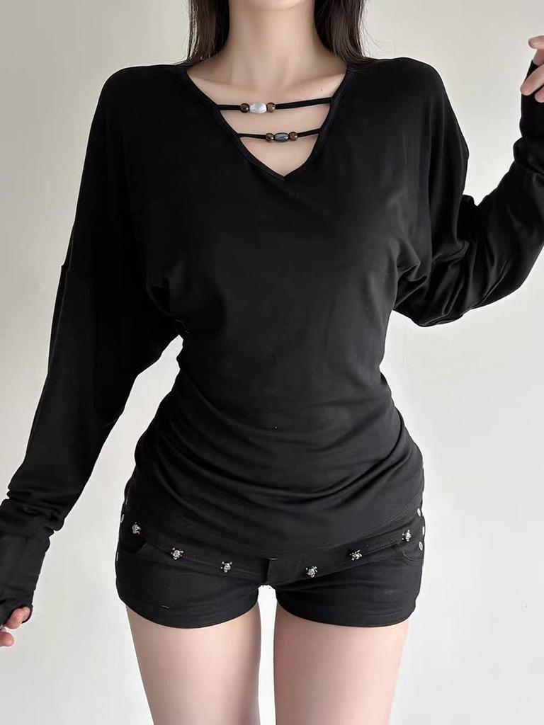 KaiKuo Y2K Style Slim V-Neck T-shirt - Women's Autumn/Winter 2025 Collection