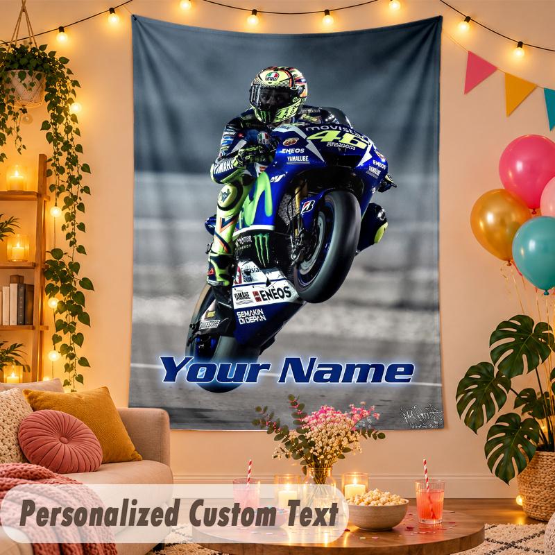 Valentino Rossi Personalized Wall Tapestry Custom Name Text Polyester Hanging Decor Home Room