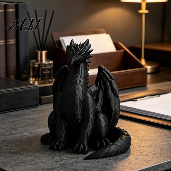 Fine Carved Statues for Bedroom 3D Printed Sitting Black Dragon Statue, Fantasy Western Figurine, Stylish Interior Decorations Gothic Decor